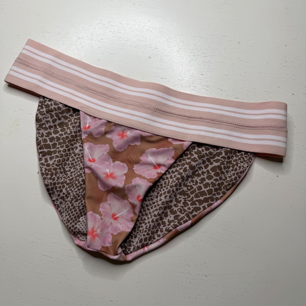 ACACIA Swimwear Hamptons Bikini Bottoms Brown Floral Animal Print Women's Large